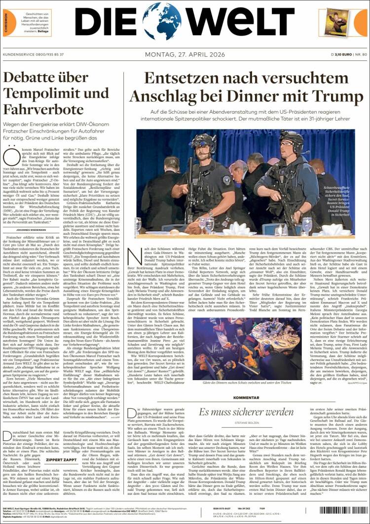 Portada de Die Welt (Alemania)