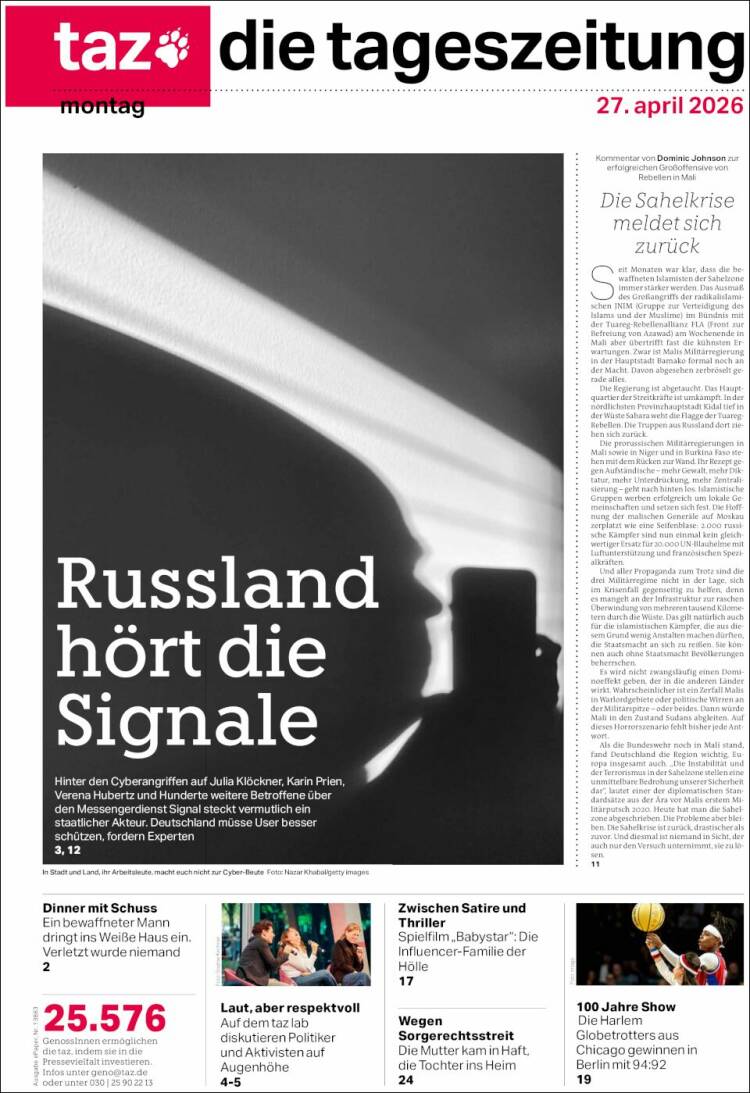 Portada de Die Tageszeitung (Alemania)