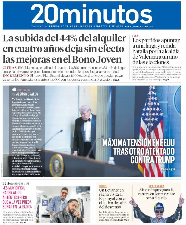 Portada de 20 Minutos - Valencia (Espa&ntilde;a)