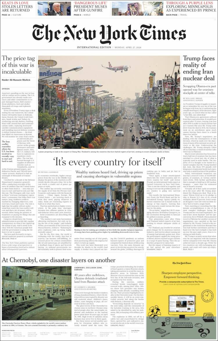 Portada de International New York Times (Europa)