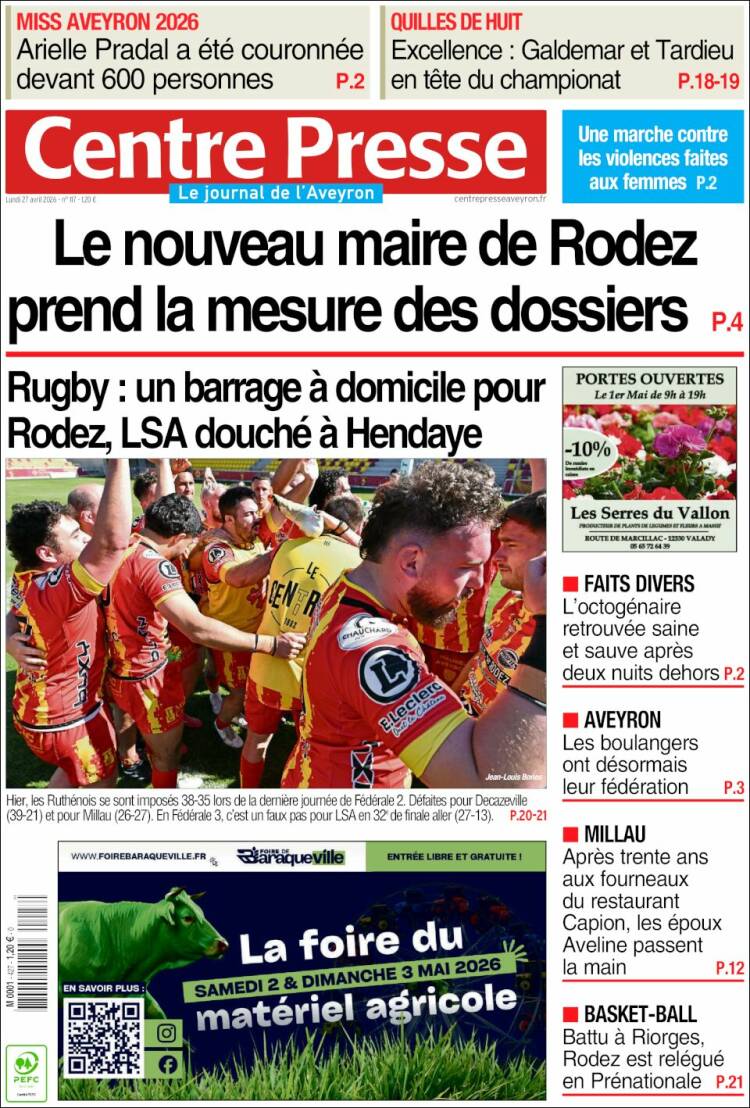 Portada de Centre Presse (Francia)