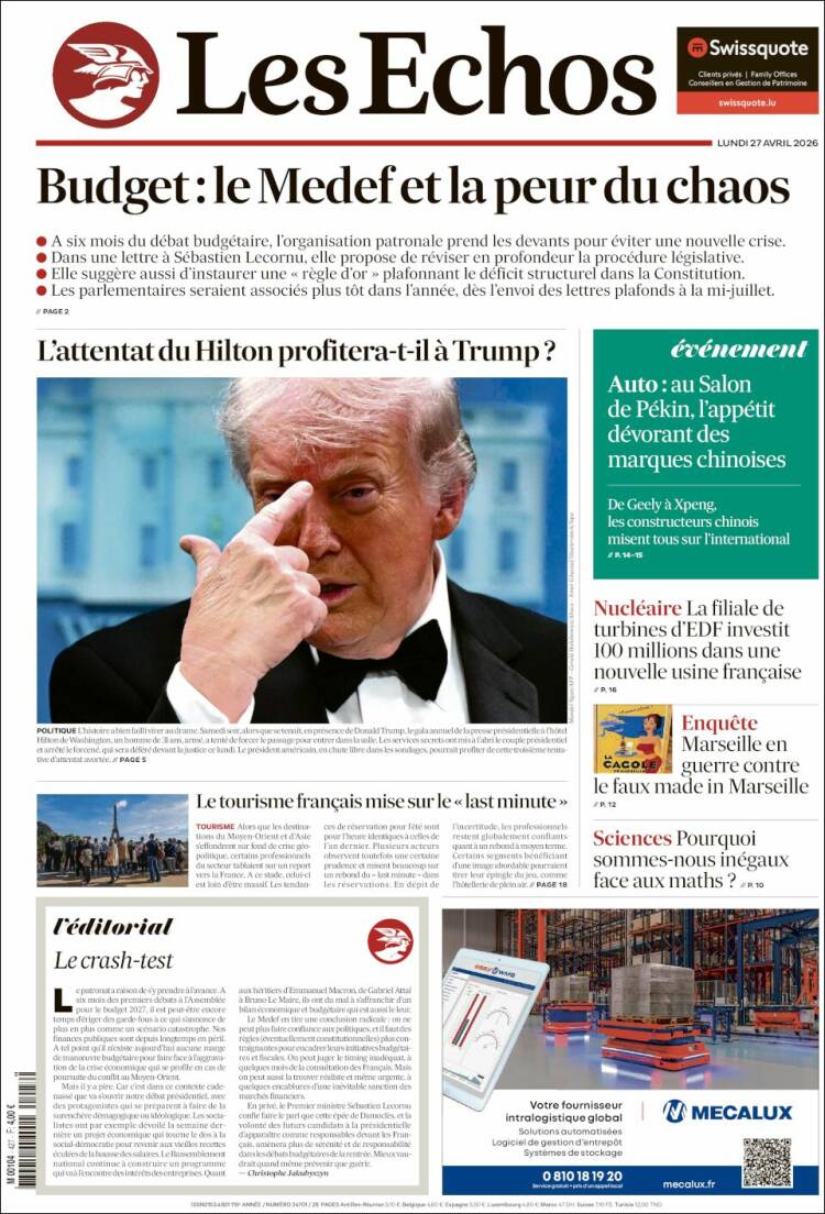 Portada de Les Echos (Francia)