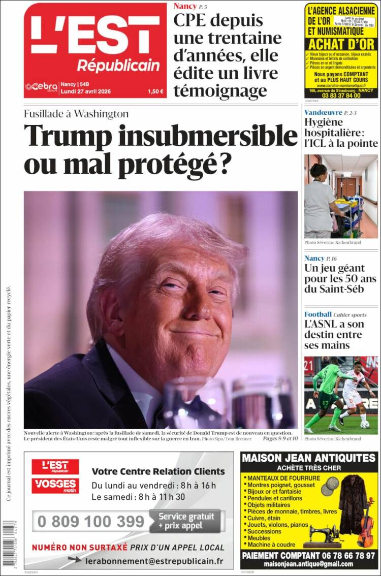 Portada de L'Est Republicain (Francia)