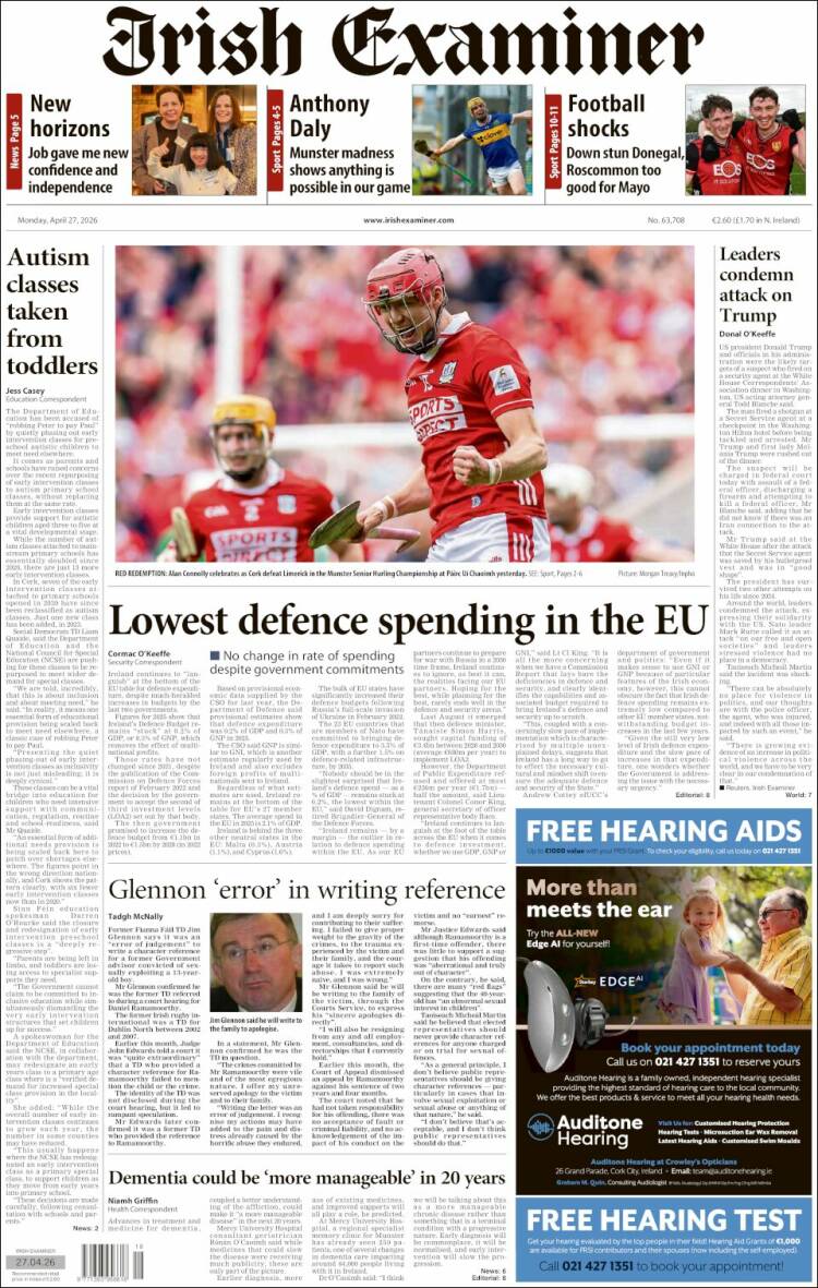 Portada de Irish Examiner (Irlanda)