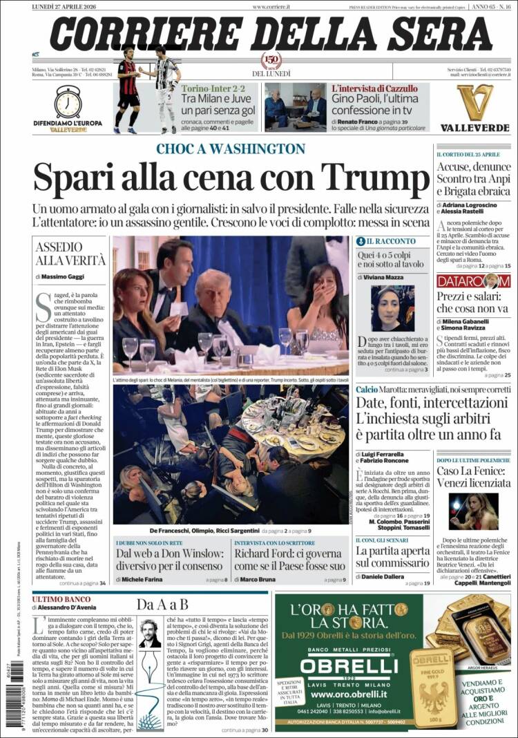 Portada de Corriere della Sera (Italia)