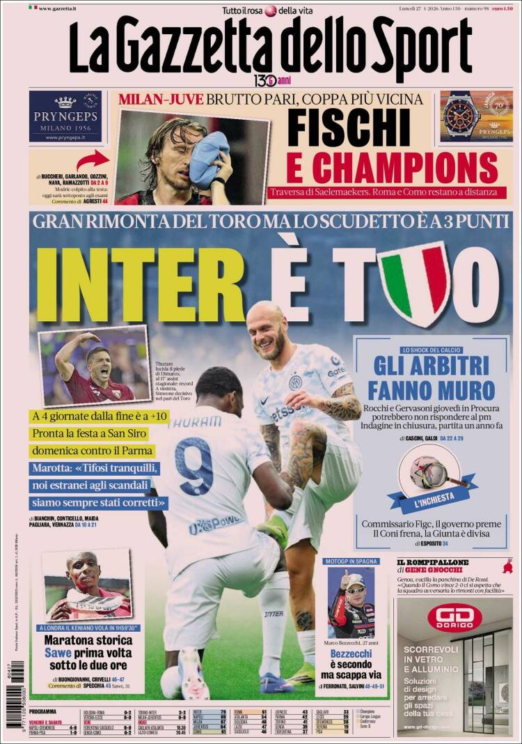 Portada de La Gazzetta dello Sport (Italia)