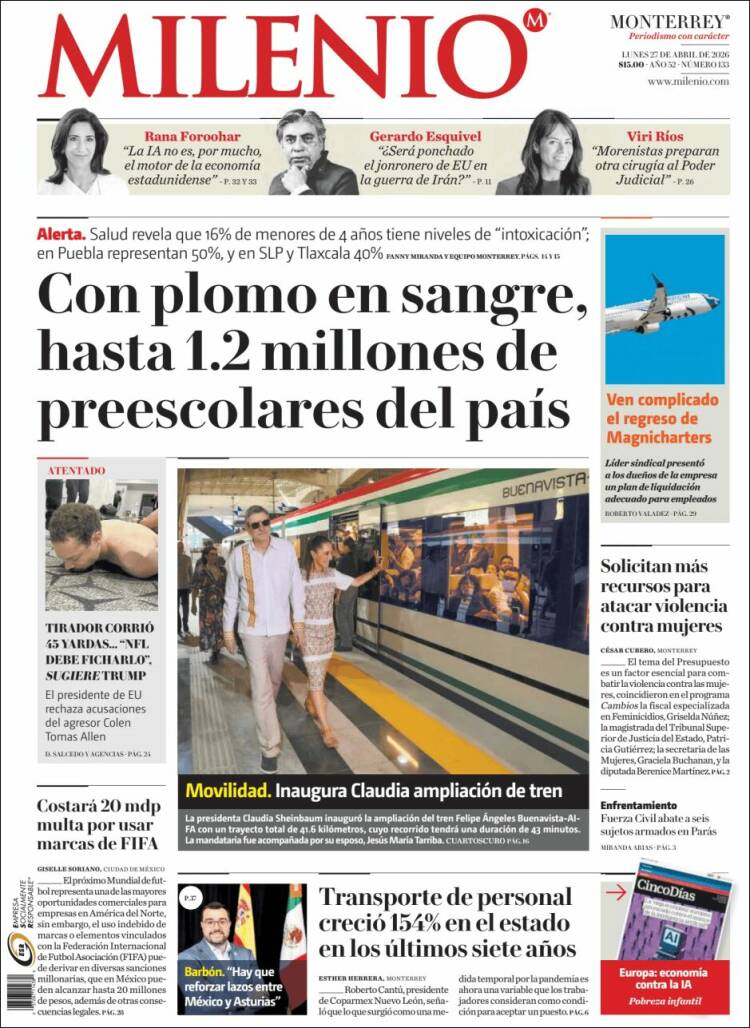 Portada de Milenio de Monterrey (M&eacute;xico)