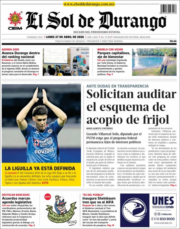 Portada de El Sol de Durango (M&eacute;xico)