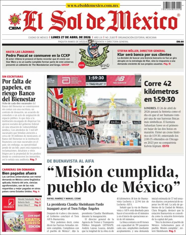 Portada de El Sol de México (M&eacute;xico)