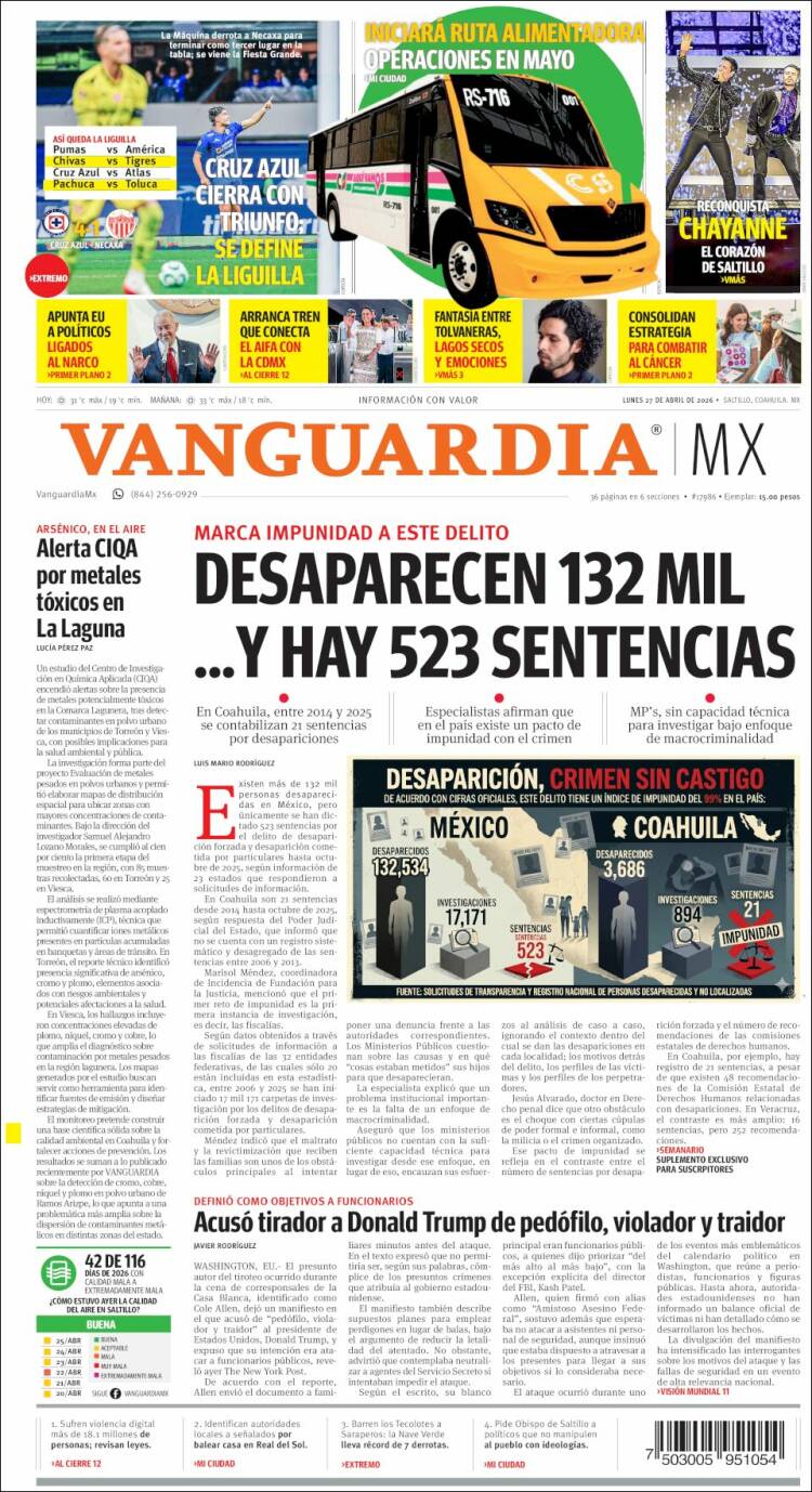 Portada de Vanguardia (M&eacute;xico)