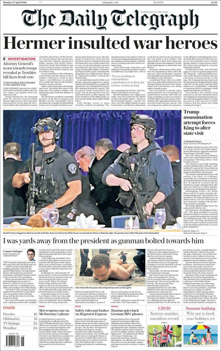 Portada de Daily Telegraph (Reino Unido)