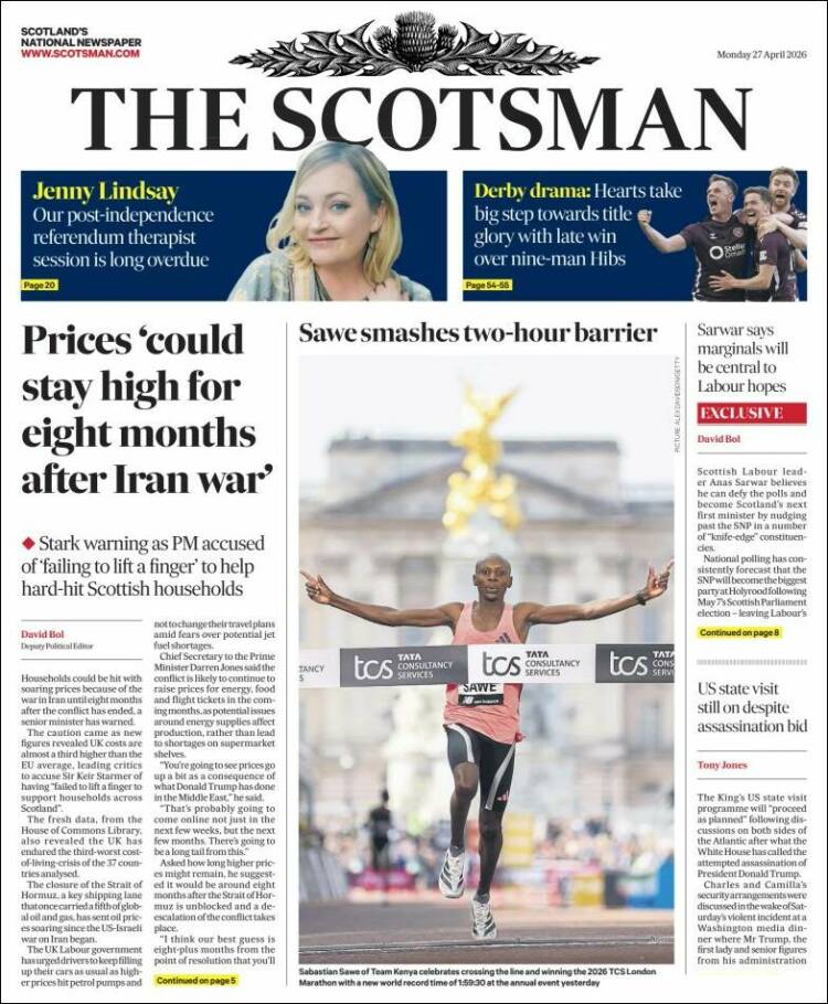 Portada de The Scotsman (Reino Unido)