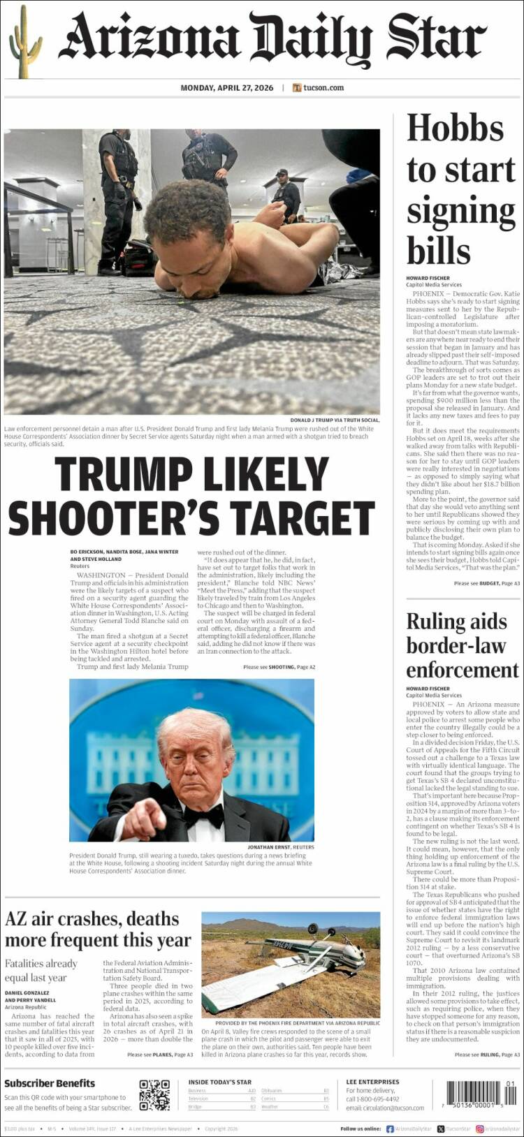 Portada de Arizona Daily Star (USA)