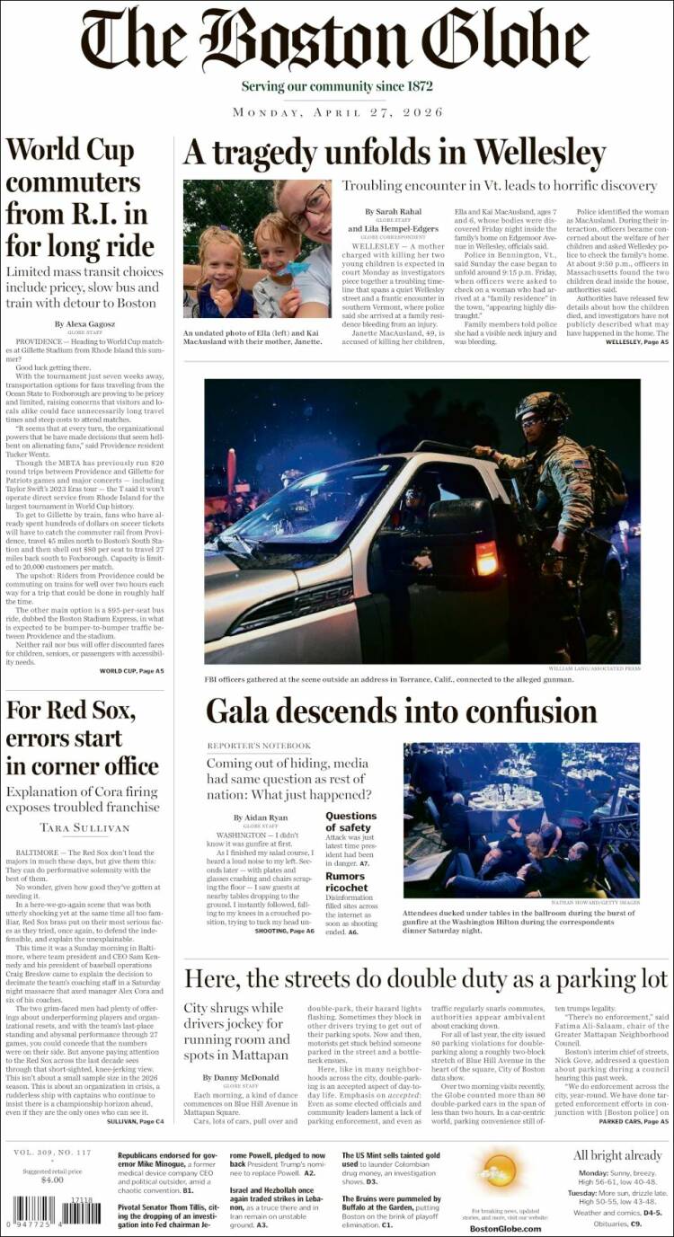 Portada de Boston Globe (USA)