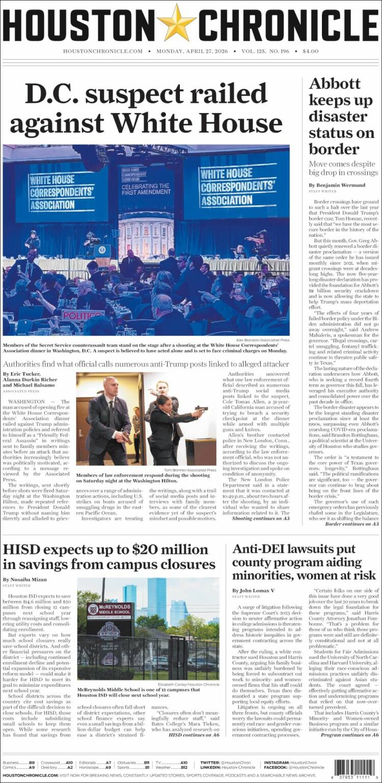 Portada de Houston Chronicle (USA)