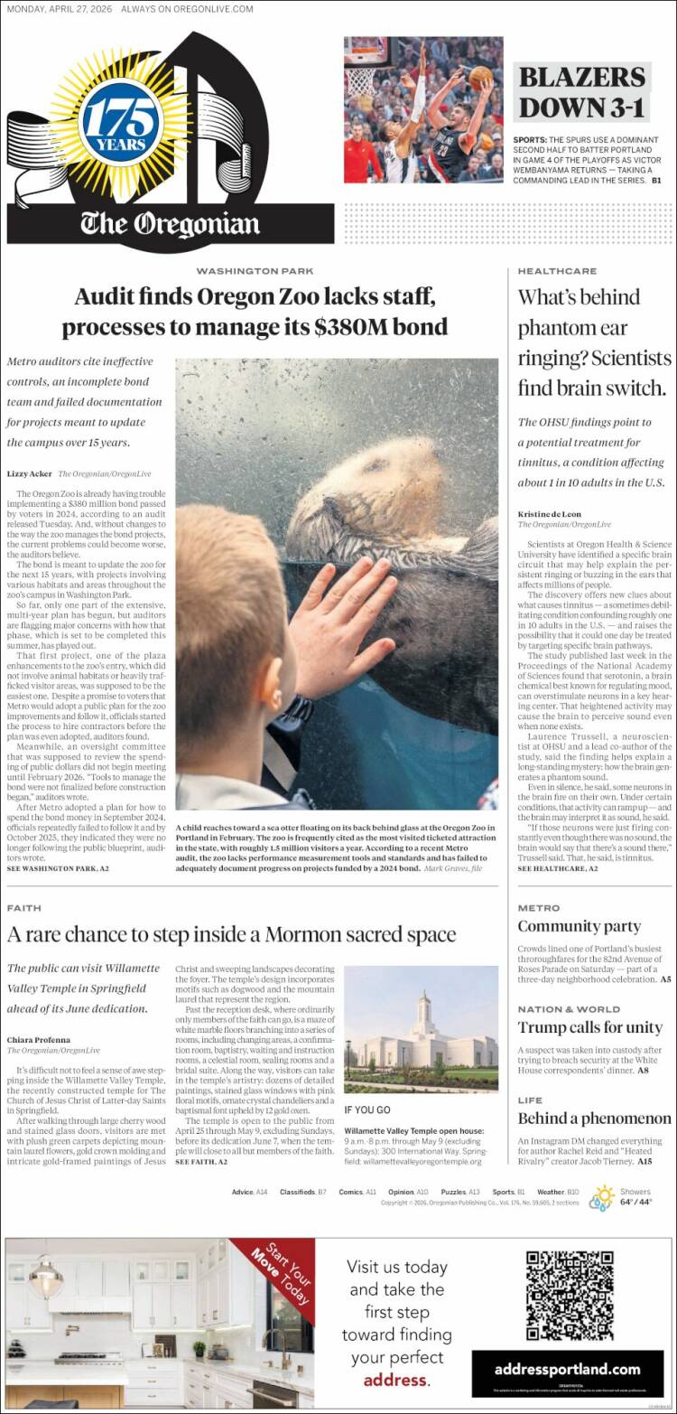 Portada de The Oregonian (USA)