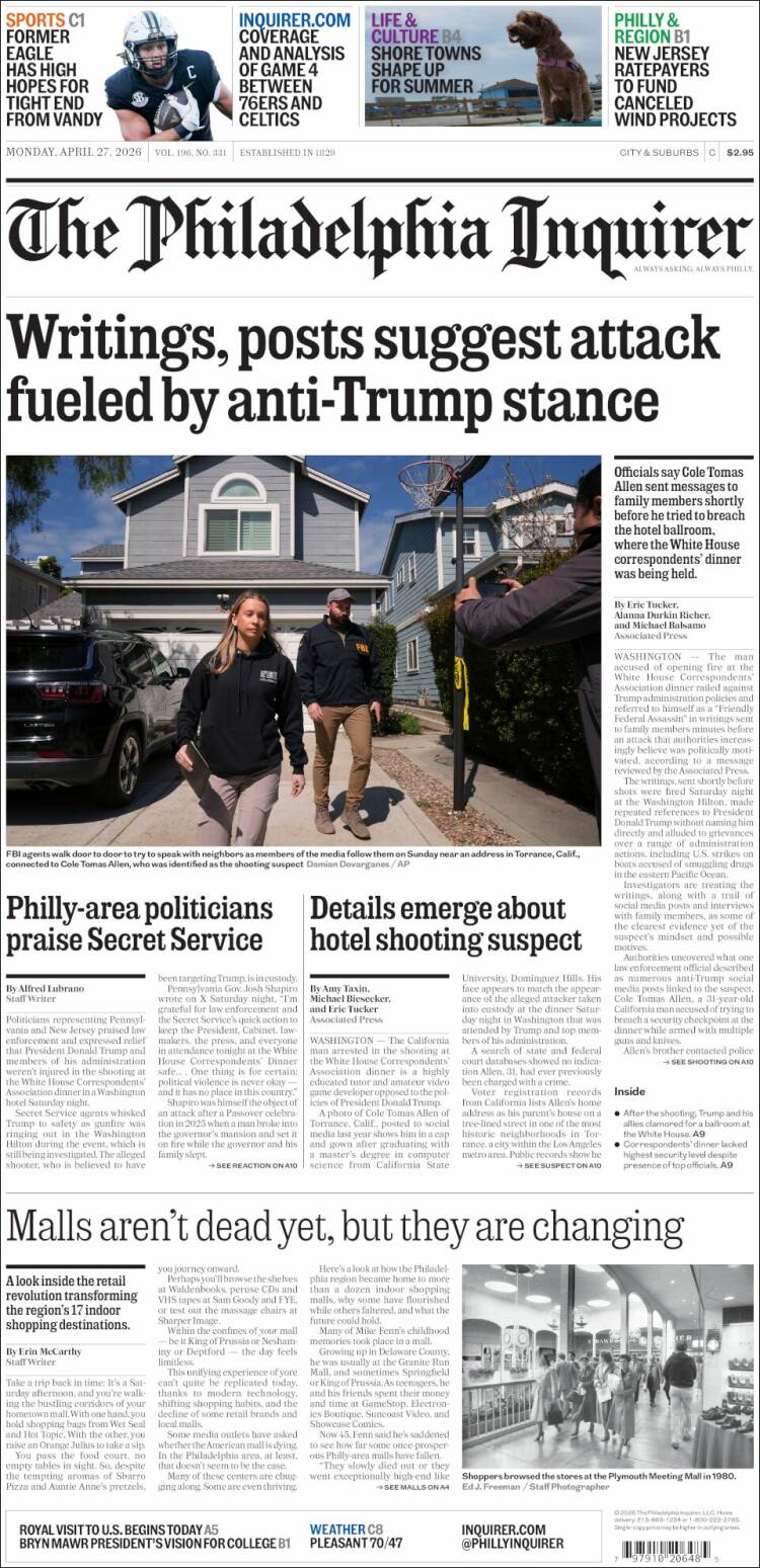 Portada de Philadelphia Inquirer (USA)