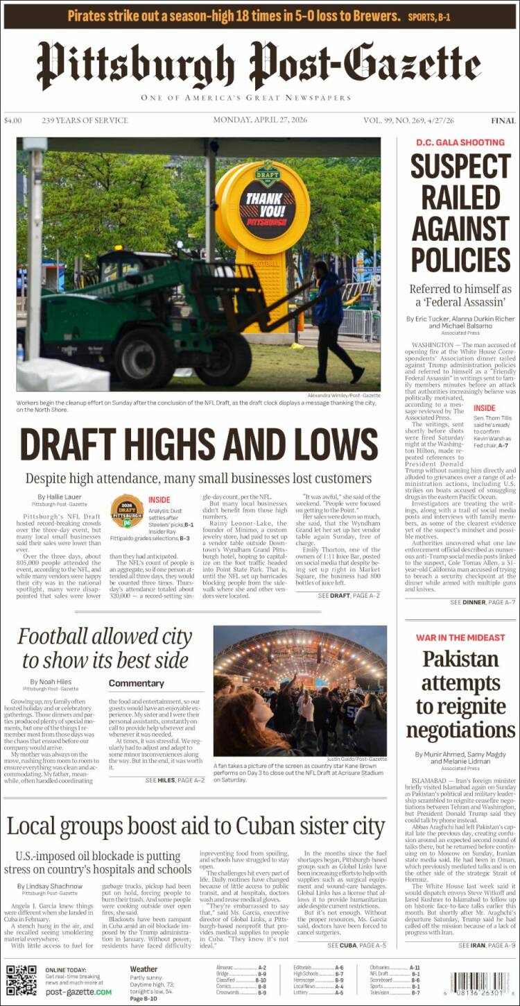 Portada de Pittsburgh Post-Gazette (USA)