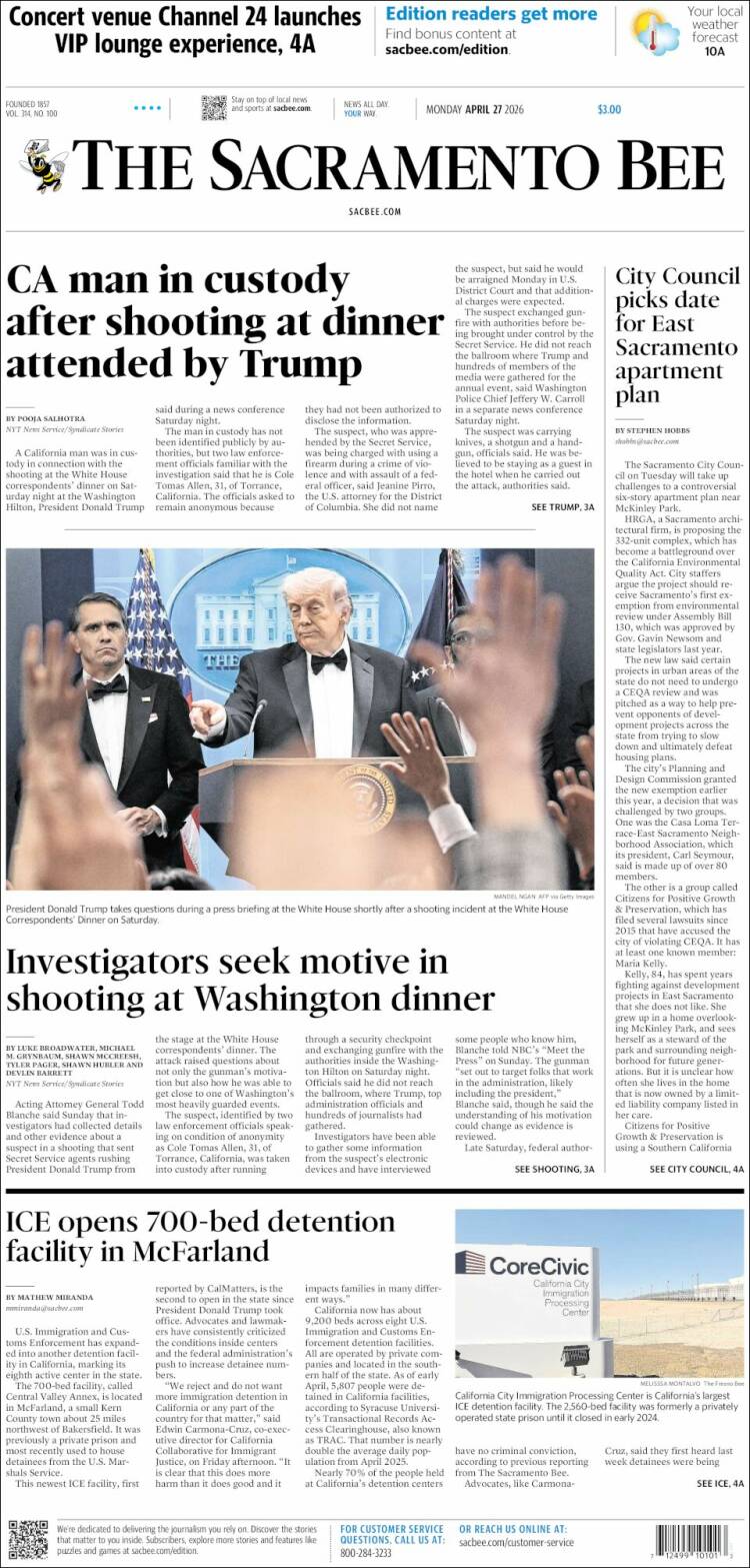 Portada de The Sacramento Bee (USA)