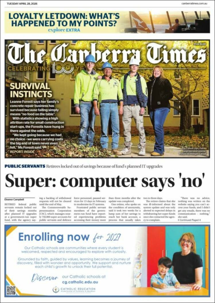 Portada de The Canberra Times (Australia)