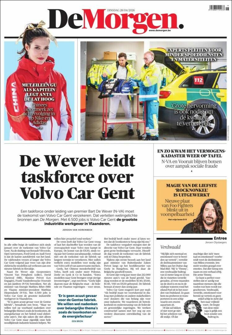 Portada de De Morgen (B&eacute;lgica)