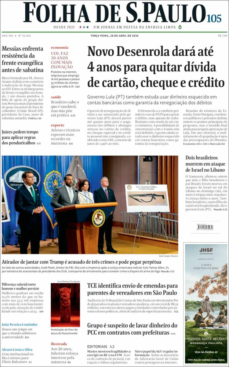 Portada de Folha de São Paulo (Brasil)