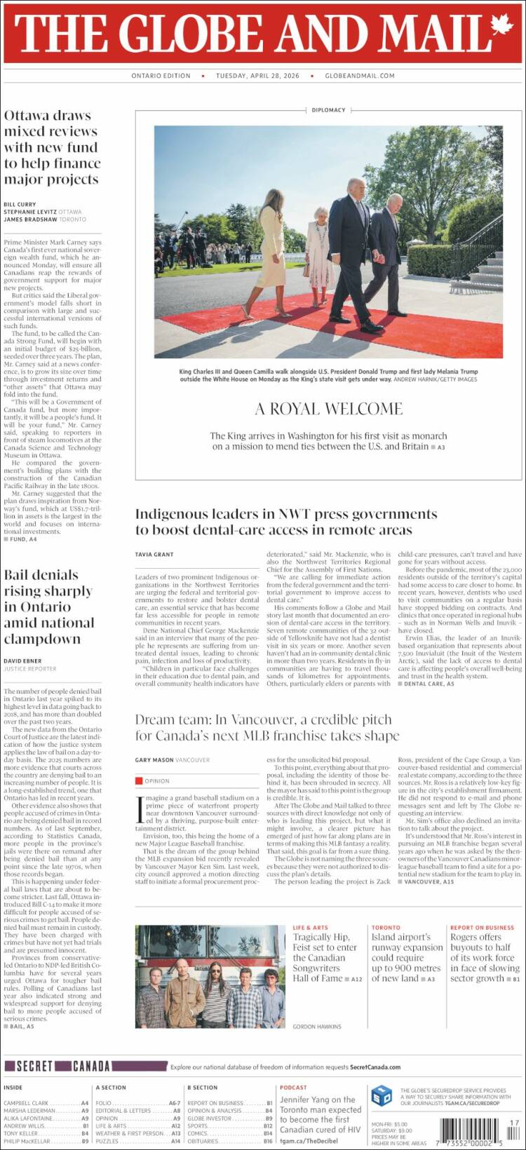 Portada de The Globe and Mail (Canad&aacute;)