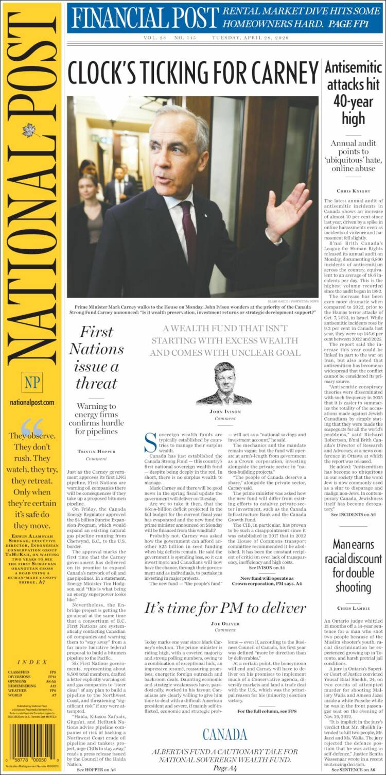 Portada de The National Post (Canad&aacute;)
