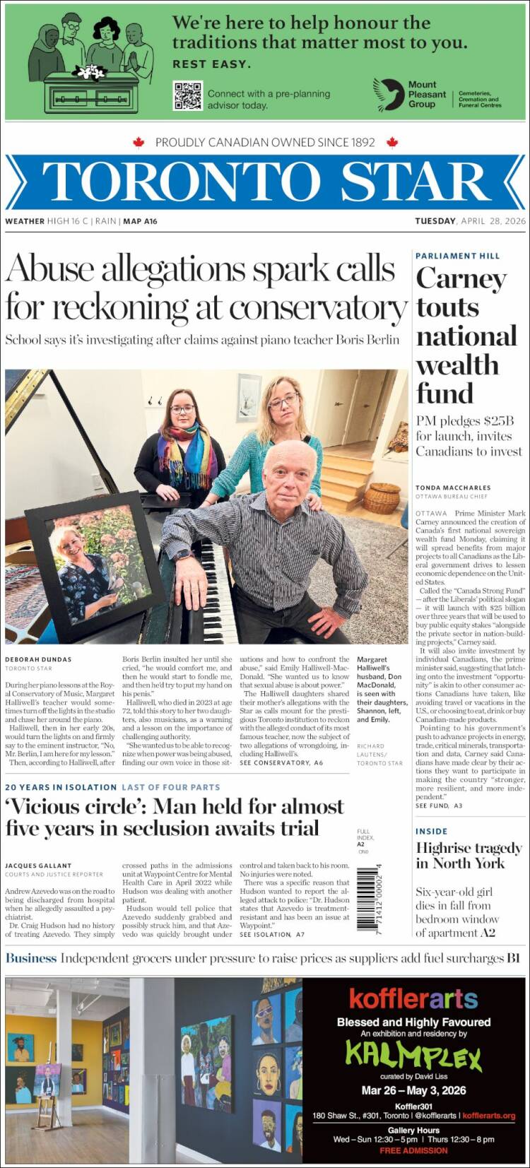 Portada de The Toronto Star (Canad&aacute;)
