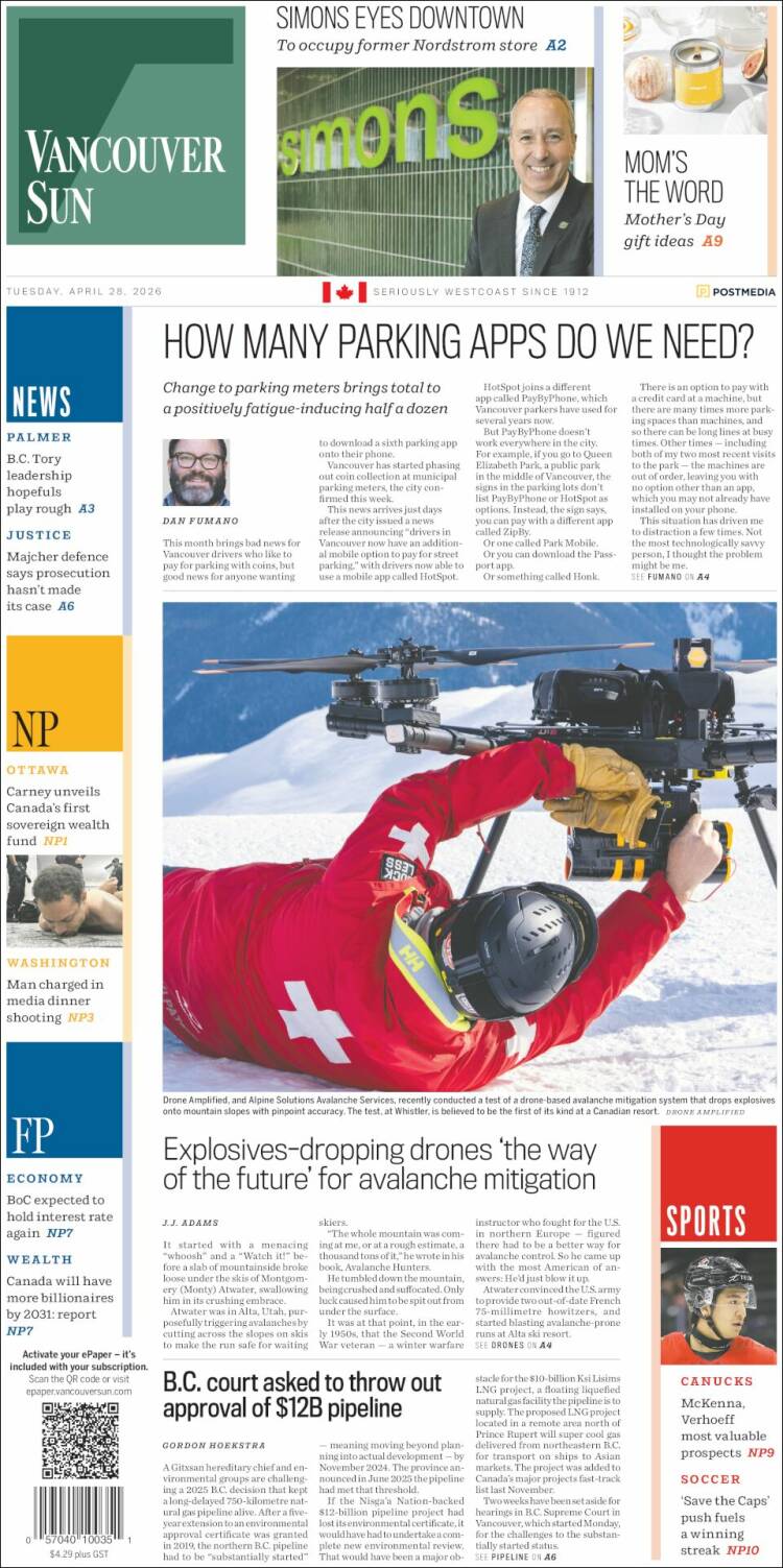 Portada de The Vancouver Sun (Canad&aacute;)