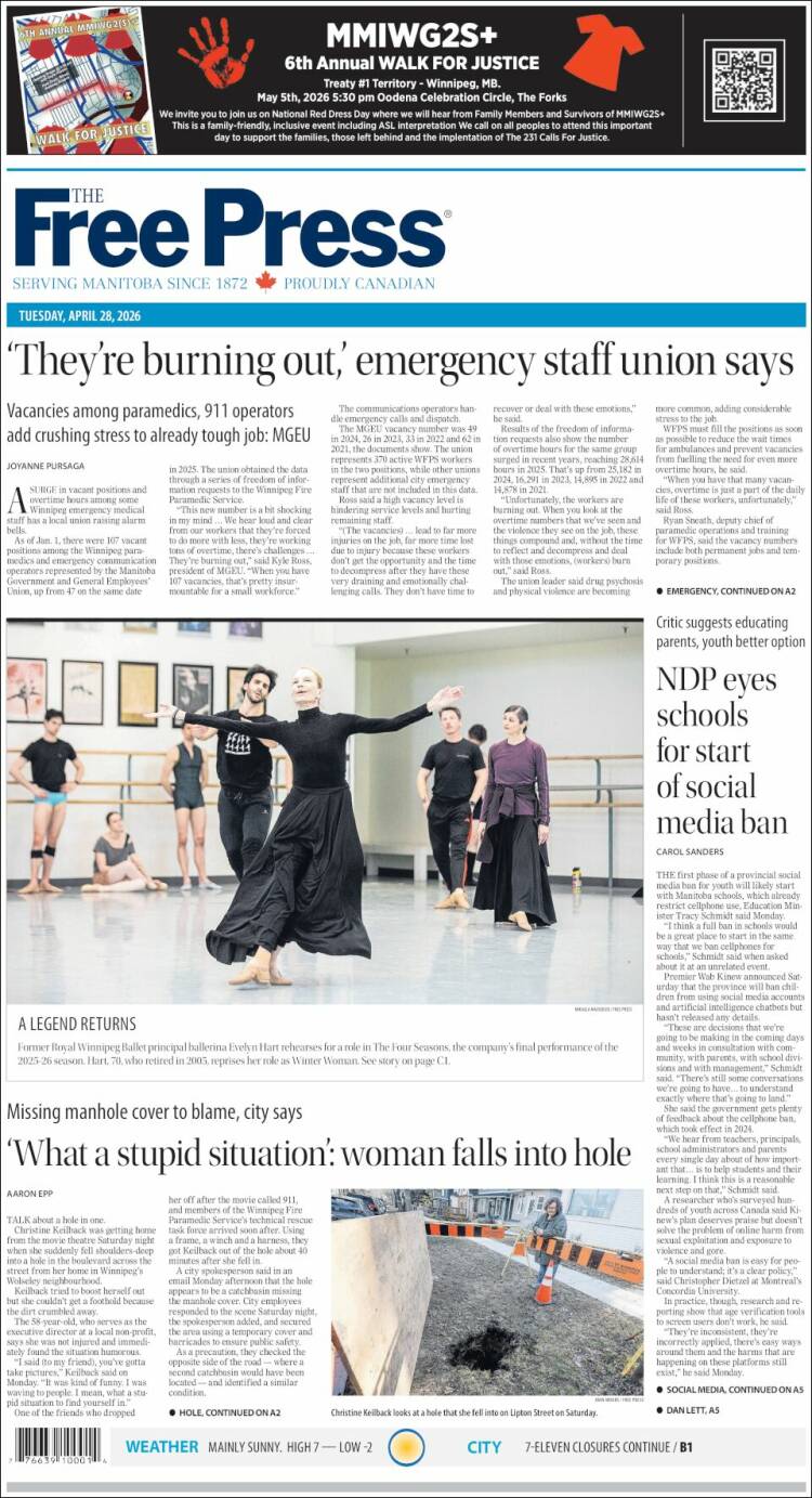 Portada de Winnipeg Free Press (Canada)