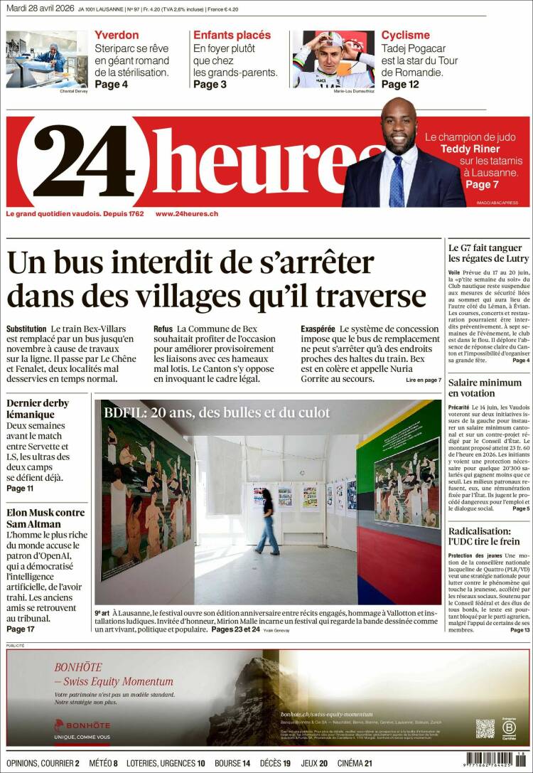Portada de 24 Heures (Suiza)
