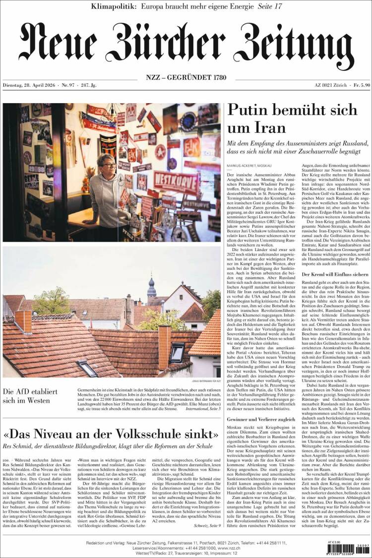 Portada de Neue Zürcher Zeitung (Suiza)