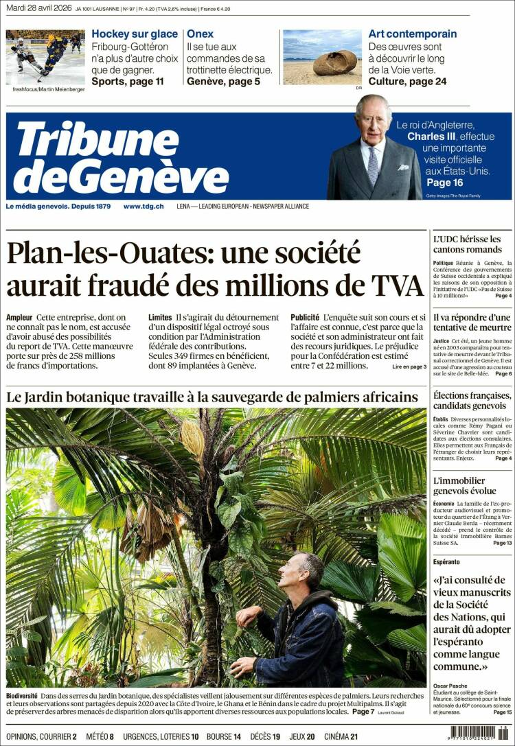 Portada de La Tribune de Genève (Suiza)