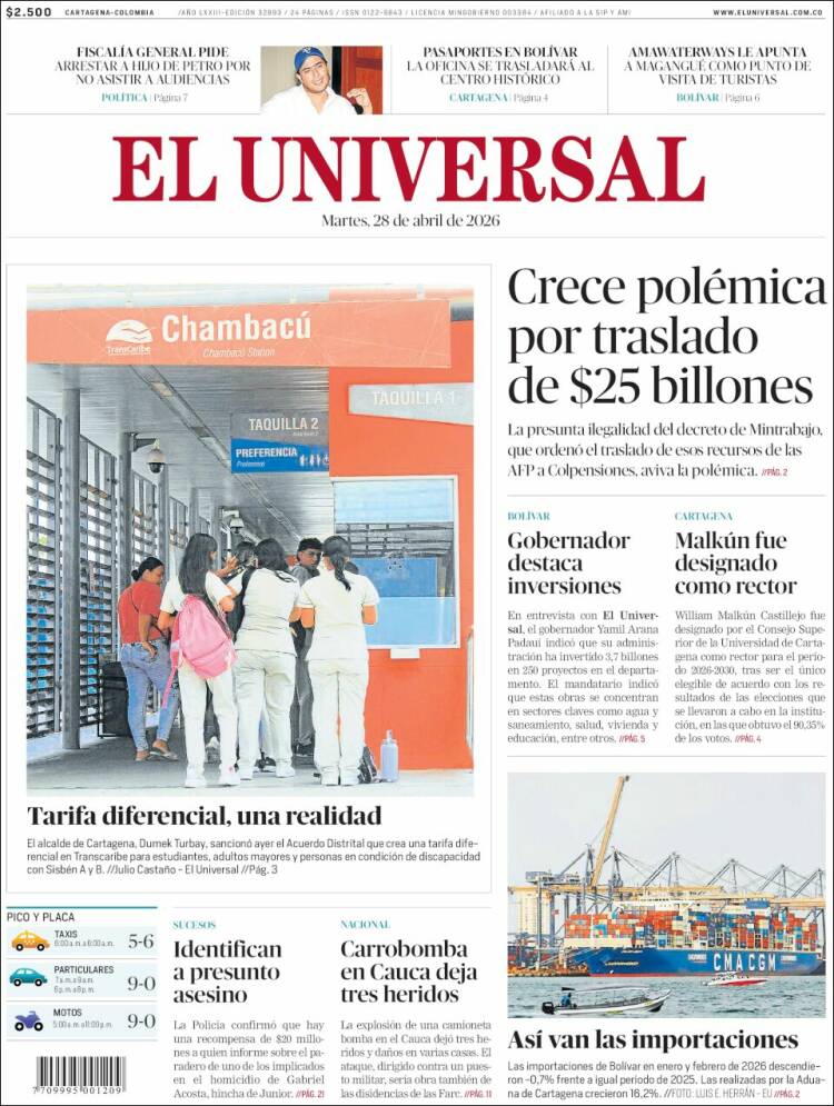 Portada de El Universal (Colombia)