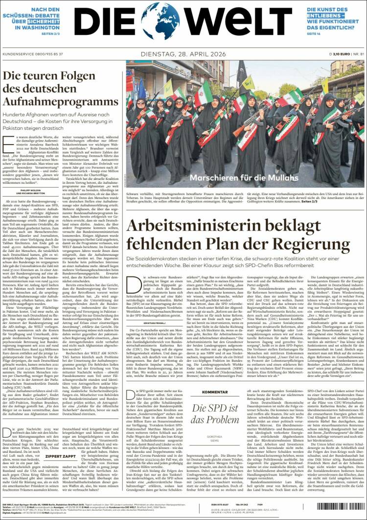 Portada de Die Welt (Alemania)