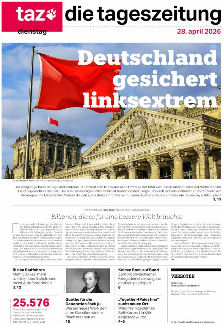 Portada de Die Tageszeitung (Alemania)