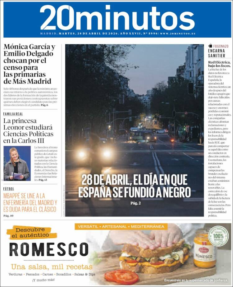 Portada de 20 Minutos - Madrid (Espa&ntilde;a)