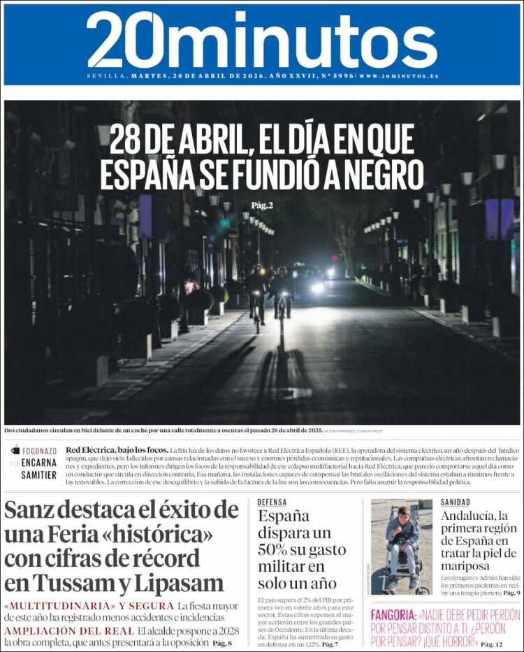 Portada de 20 Minutos - Sevilla (Espa&ntilde;a)