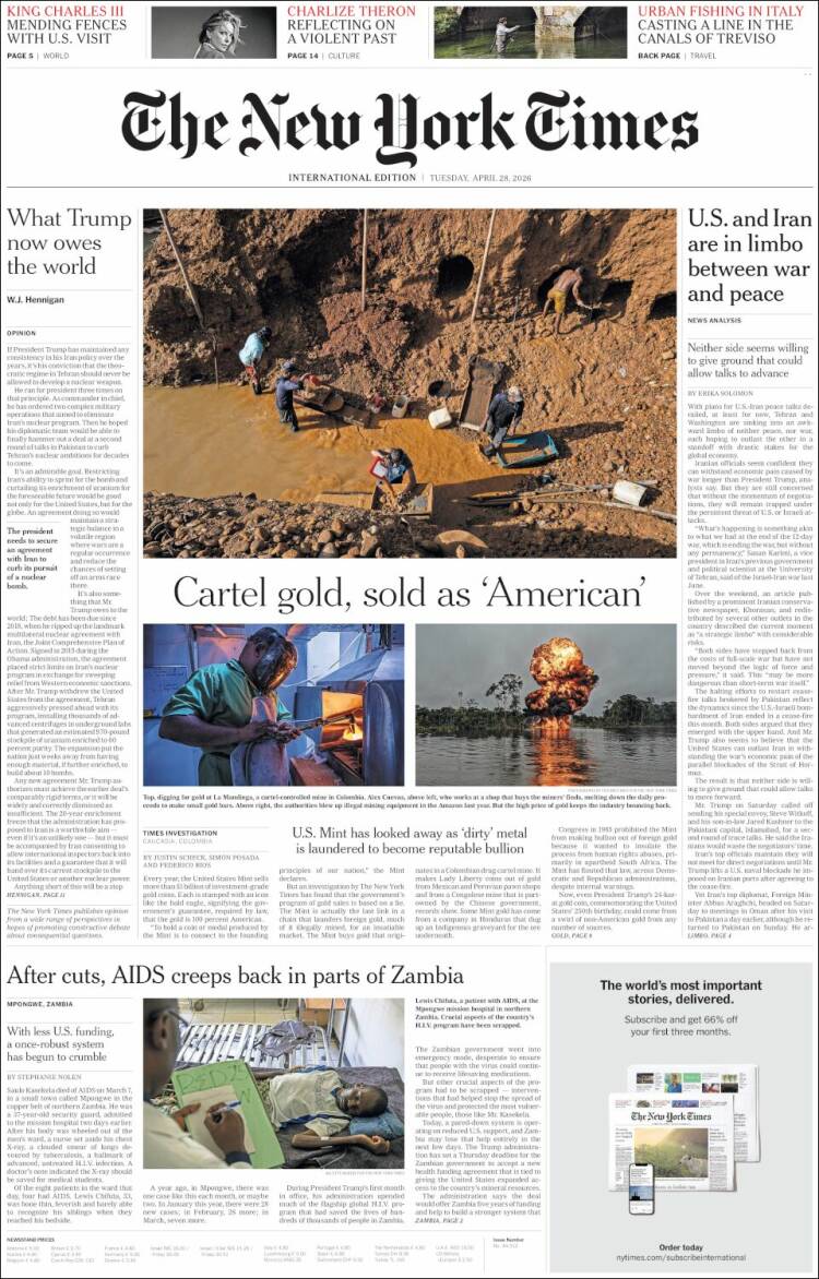 Portada de International New York Times (Europa)