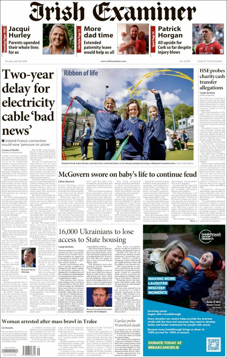 Portada de Irish Examiner (Irlanda)