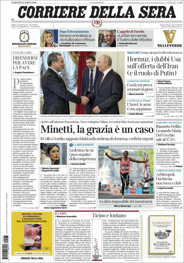 Portada de Corriere della Sera (Italia)