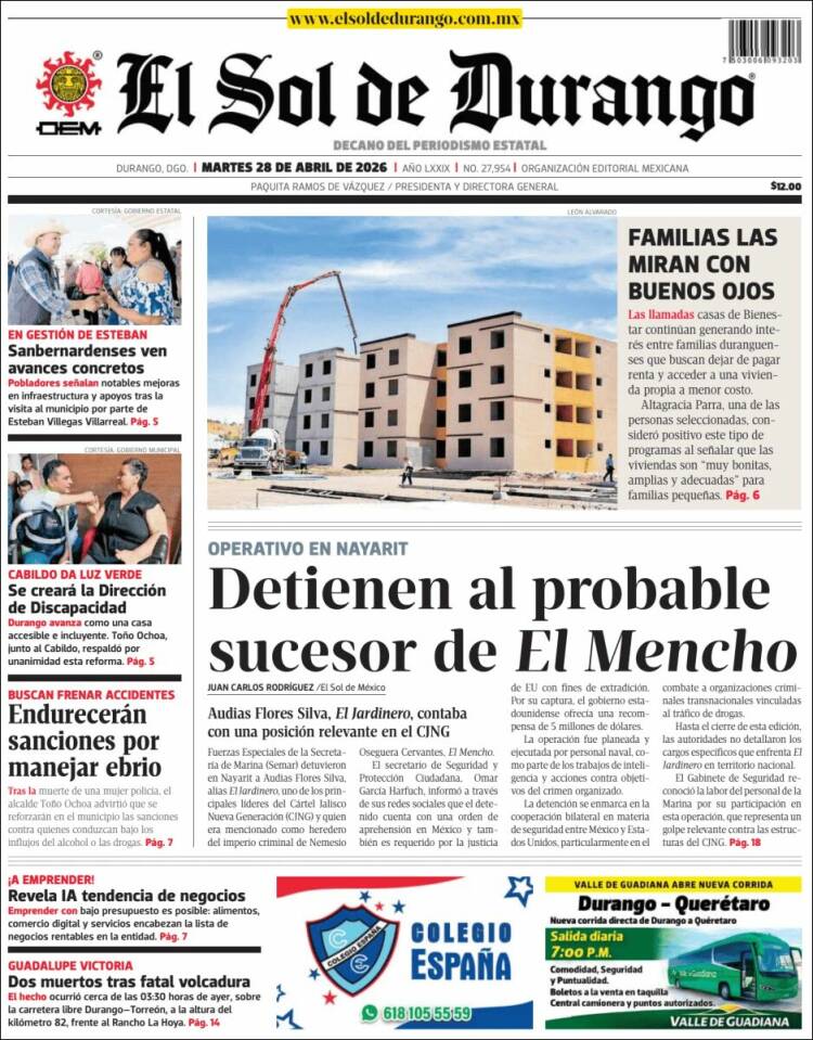Portada de El Sol de Durango (M&eacute;xico)