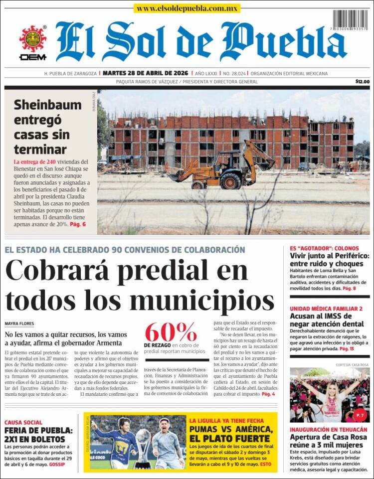 Portada de El Sol de Puebla (M&eacute;xico)