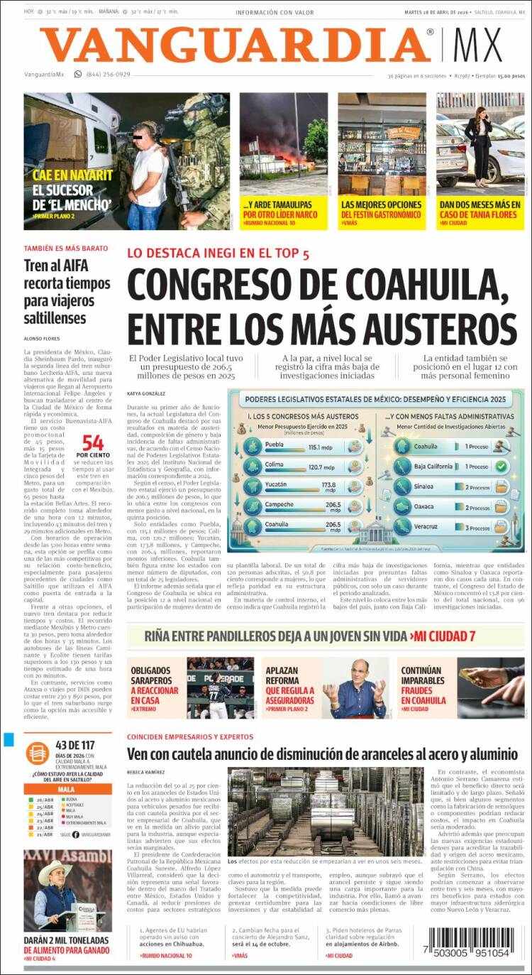 Portada de Vanguardia (M&eacute;xico)