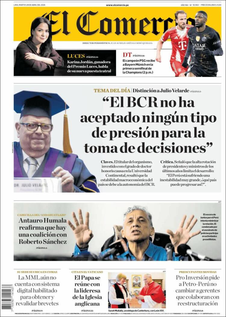 Portada de El Comercio (Per&uacute;)