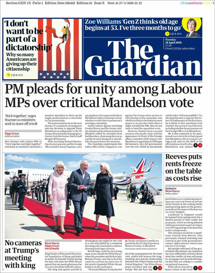 Portada de The Guardian (Reino Unido)