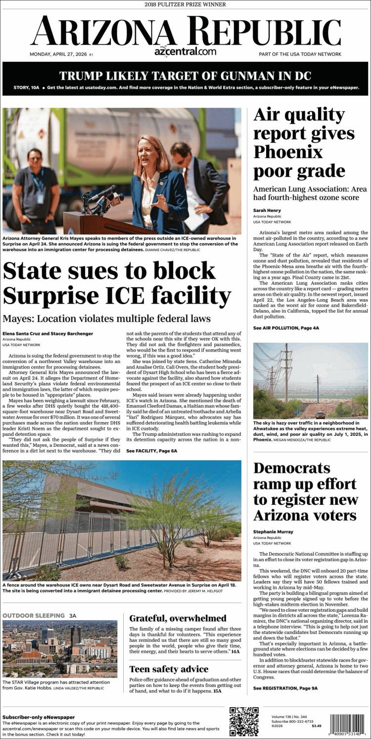 Portada de Arizona Republic News (USA)