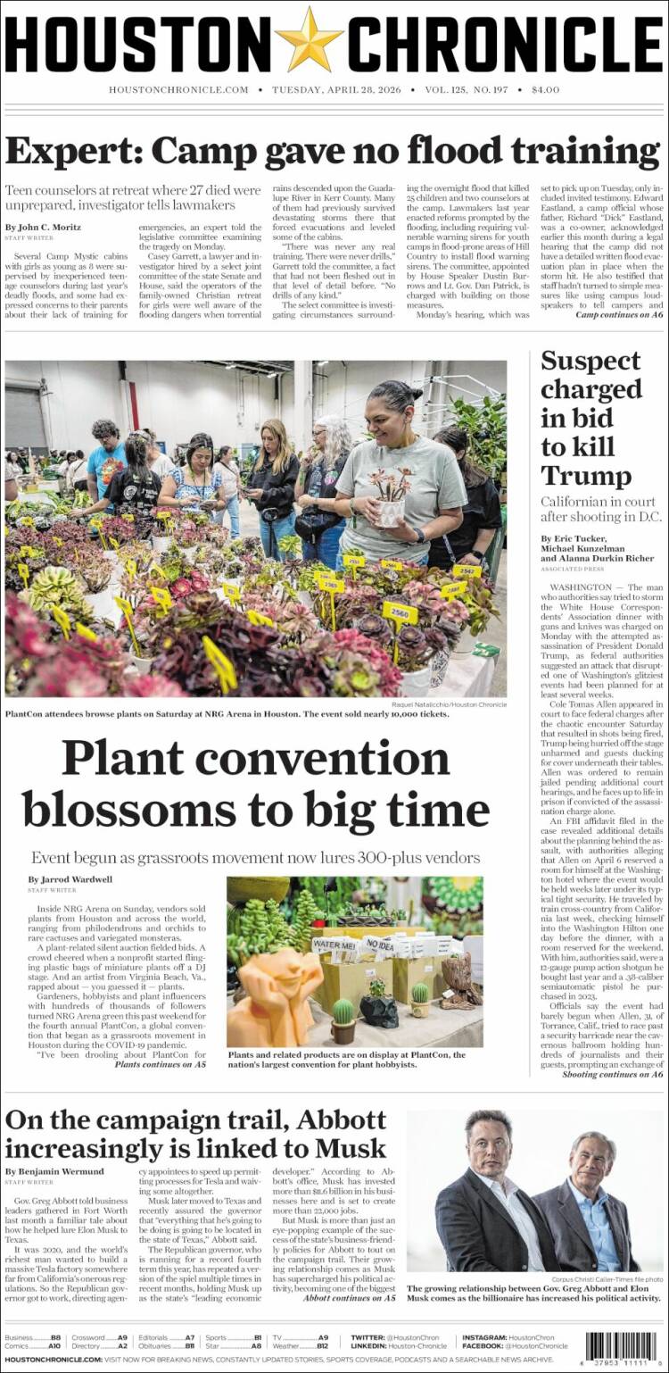 Portada de Houston Chronicle (USA)