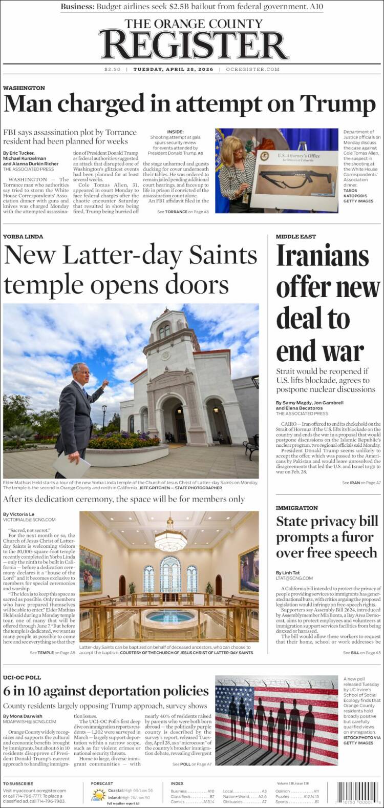 Portada de The Orange County Register (USA)